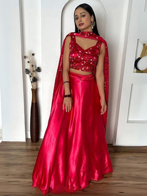 Rajwada Magenta Satin Silk Solid Semi-Stitched Lehenga For Women