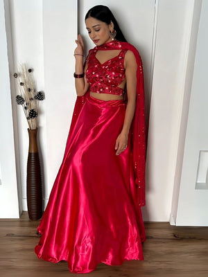Rajwada Magenta Satin Silk Solid Semi-Stitched Lehenga For Women