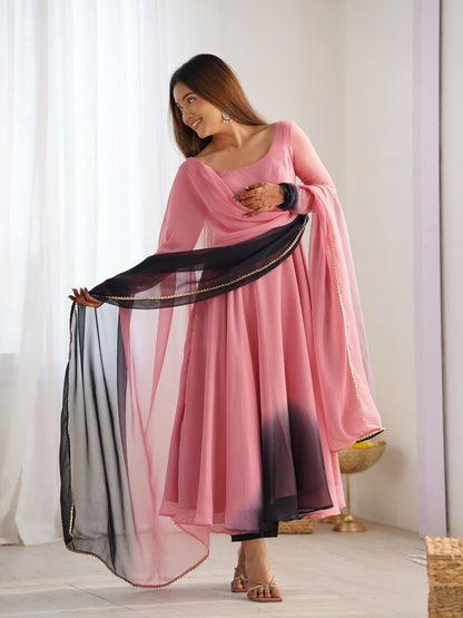Rajwada Pink & Black Georgette Plain Kurta Set For Women