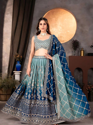 Rajwada Blue Georgette Embroidered Semi-Stitched Lehenga For Women