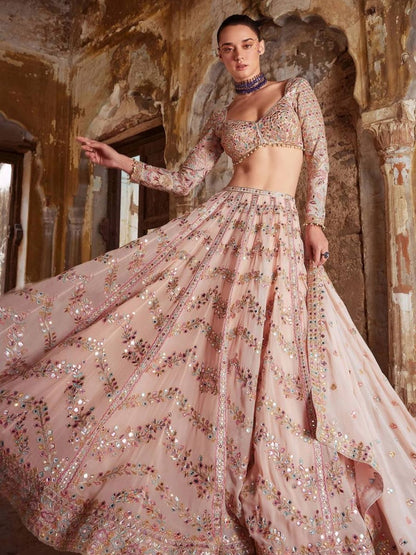 Rajwada Peach Georgette Printed Lehenga For Women