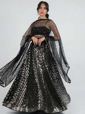 Rajwada Black Georgette Embellished Semi-Stitched Lehenga For Women