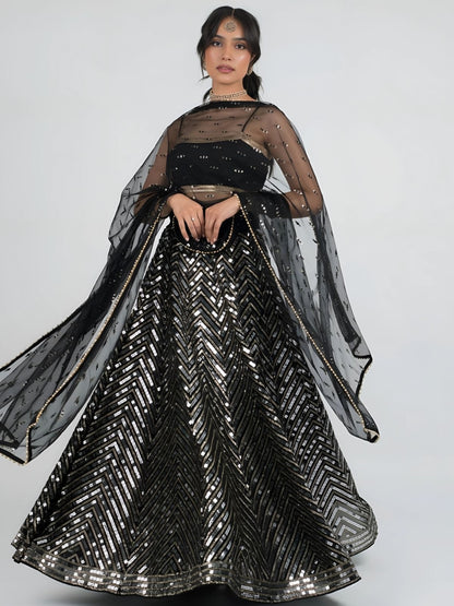 Rajwada Black Georgette Embellished Semi-Stitched Lehenga For Women