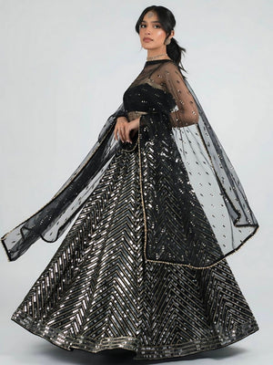 Rajwada Black Georgette Embellished Semi-Stitched Lehenga For Women