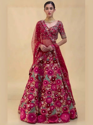 Rajwada Magenta Velvet Embroidered Semi-Stitched Lehenga For Women