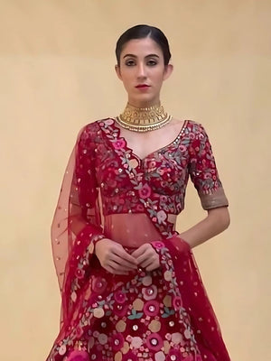 Rajwada Magenta Velvet Embroidered Semi-Stitched Lehenga For Women