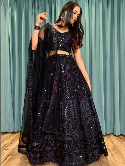 Rajwada Black Net Embroidered Semi-Stitched Lehenga For Women