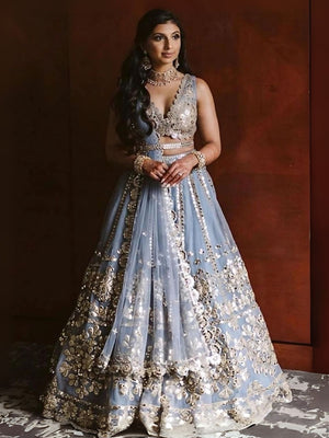 Rajwada Grey Net Embellished Semi-Stitched Lehenga For Women