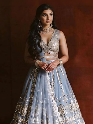 Rajwada Grey Net Embellished Semi-Stitched Lehenga For Women
