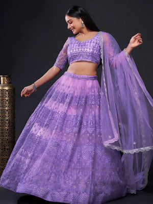 Rajwada Lavender Net Embroidered Semi-Stitched Lehenga For Women