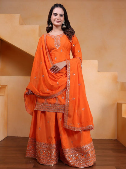 Rajwada Orange Georgette Solid Stitched Kurta Set For Women