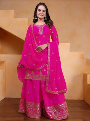 Rajwada Pink Georgette Solid Stitched Kurta Set For Women