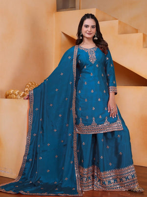 Rajwada Teal Blue Georgette Solid Stitched Kurta Set For Women