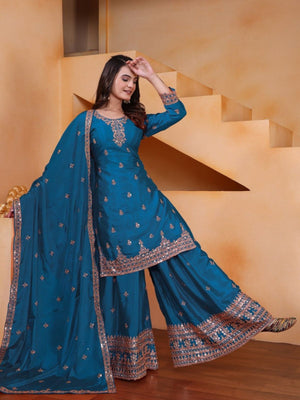 Rajwada Teal Blue Georgette Solid Stitched Kurta Set For Women
