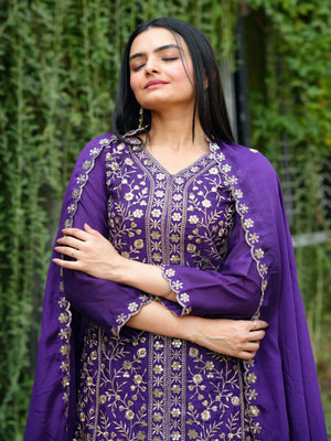 Rajwada Purple Chinon Embroidered & Cutwork Kurta Set For Women