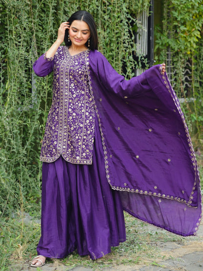 Rajwada Purple Chinon Embroidered & Cutwork Kurta Set For Women