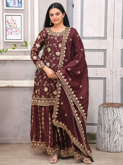 Rajwada Brown Chinon Embroidered Kurta Set For Women