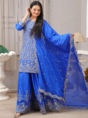 Rajwada Blue Chinon Embroidered Kurta Set For Women