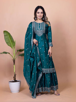 Rajwada Teal Chinon Embroidered & Cutwork Kurta Set For Women