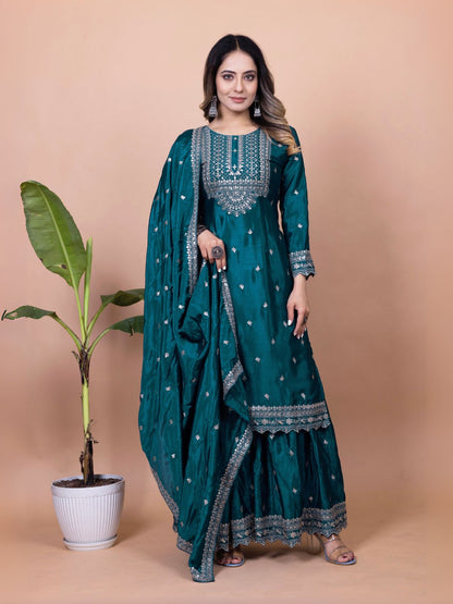 Rajwada Teal Chinon Embroidered & Cutwork Kurta Set For Women