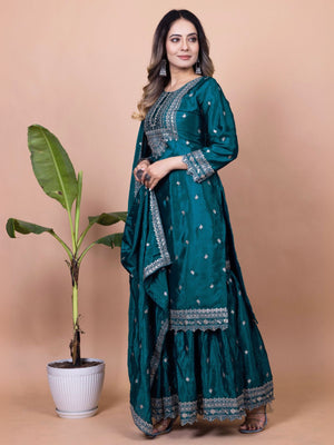 Rajwada Teal Chinon Embroidered & Cutwork Kurta Set For Women