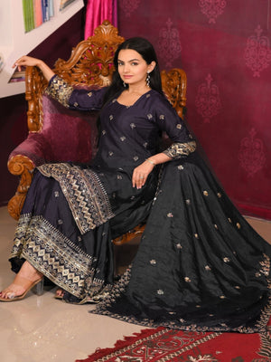 Rajwada Black Chinon Embroidered Stitched Kurta Set For Women