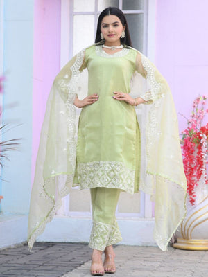 Rajwada Light Green Organza Embroidered Stitched Kurta Set For Women