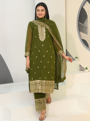 Rajwada Olive green Georgette Embroidered Stitched Kurta Set For Women