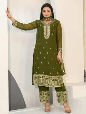 Rajwada Olive green Georgette Embroidered Stitched Kurta Set For Women