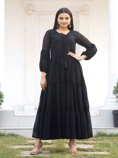 Rajwada Black Georgette Embroidered Stitched Kurta Set For Women