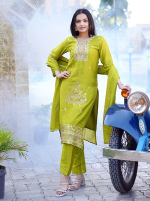 Rajwada Green Chinon Embroidered Stitched Kurta Set For Women