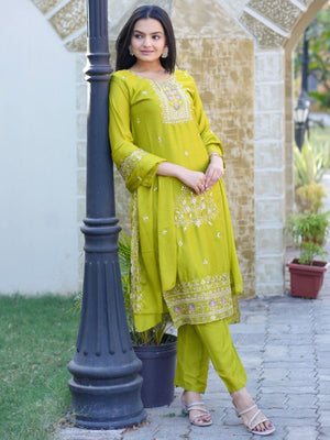 Rajwada Green Chinon Embroidered Stitched Kurta Set For Women