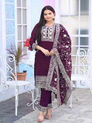 Rajwada Wine Georgette Embroidered Stitched Kurta Set For Women