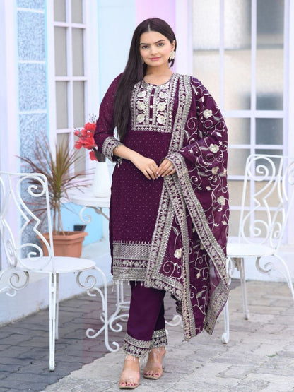 Rajwada Wine Georgette Embroidered Stitched Kurta Set For Women