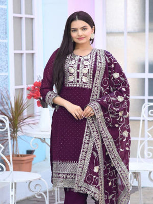 Rajwada Wine Georgette Embroidered Stitched Kurta Set For Women