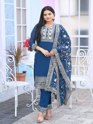 Rajwada Blue Georgette Embroidered Stitched Kurta Set For Women