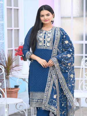 Rajwada Blue Georgette Embroidered Stitched Kurta Set For Women