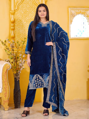 Rajwada Dark Blue Velvet Embroidered Stitched Kurta Set For Women