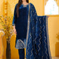 Rajwada Dark Blue Velvet Embroidered Stitched Kurta Set For Women