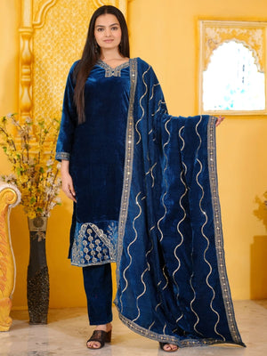 Rajwada Dark Blue Velvet Embroidered Stitched Kurta Set For Women
