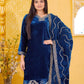Rajwada Dark Blue Velvet Embroidered Stitched Kurta Set For Women