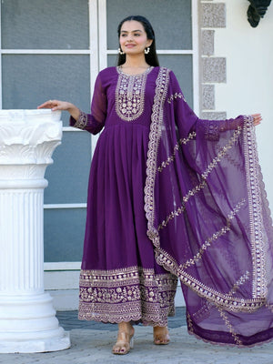 Rajwada Purple Georgette Embroidered Stitched Kurta Set For Women