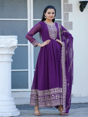 Rajwada Purple Georgette Embroidered Stitched Kurta Set For Women