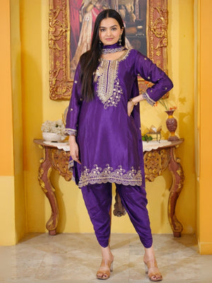 Rajwada Purple Chinon Embroidered Stitched Kurta Set For Women