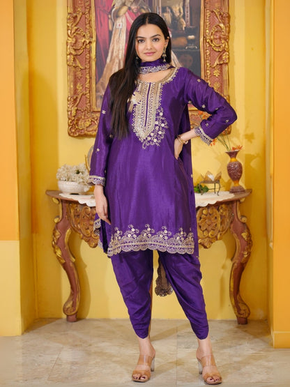 Rajwada Purple Chinon Embroidered Stitched Kurta Set For Women