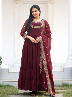 Rajwada Maroon Georgette Embroidered Stitched Kurta Set For Women