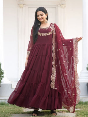 Rajwada Maroon Georgette Embroidered Stitched Kurta Set For Women