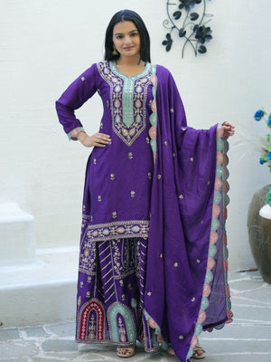 Rajwada Purple Chinon Embroidered Stitched Kurta Set For Women