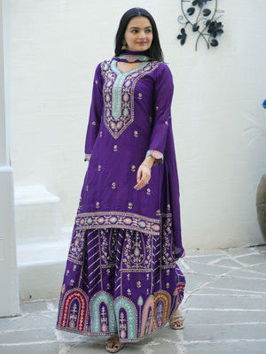 Rajwada Purple Chinon Embroidered Stitched Kurta Set For Women