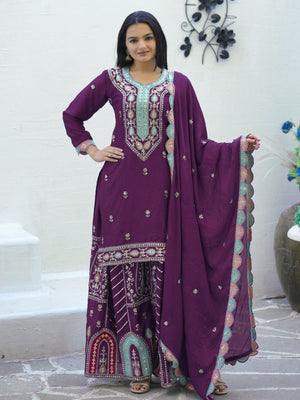 Rajwada Purple Chinon Embroidered Stitched Kurta Set For Women